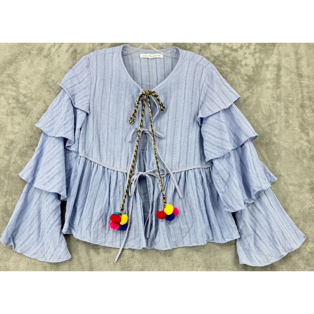 English Factory Blouse Womens Small Pom Pom Tie Bell Sleeve Boho Pheasant Blue